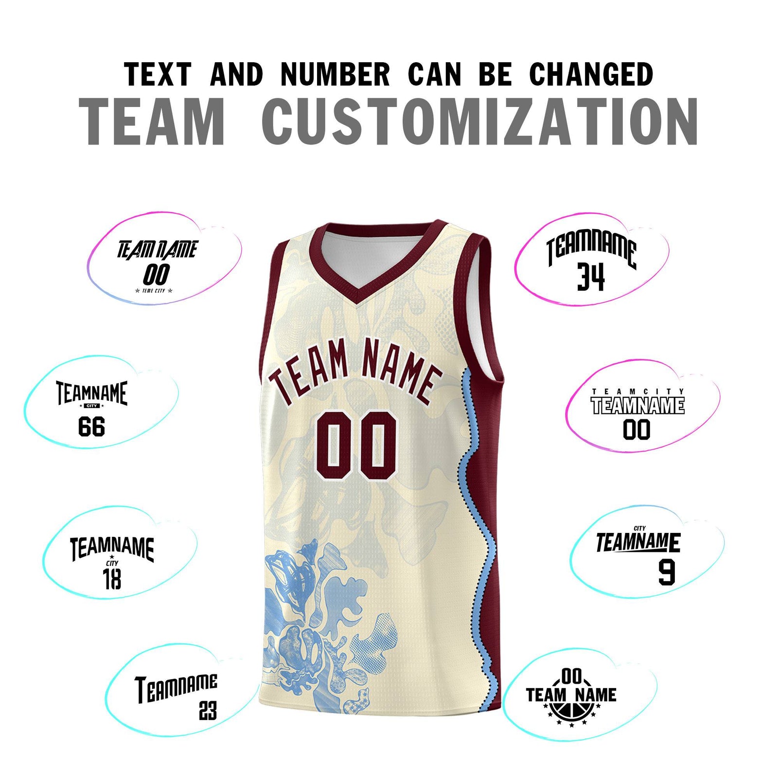 Custom Cream Burgundy Basketball Jersey - Illusion Flower Graffiti Lightweight Fabric