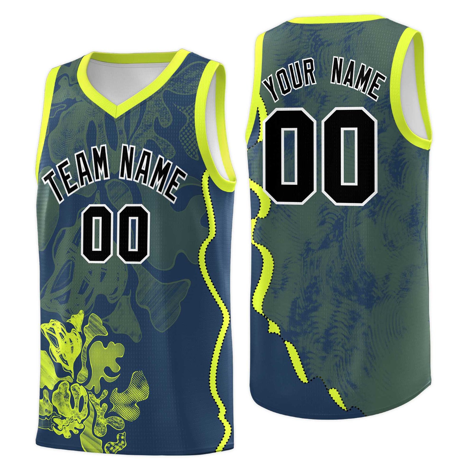 Custom Midnight Blue Fluorescent Green Basketball Jersey - Illusion Flower Graffiti Stylish Fabric
