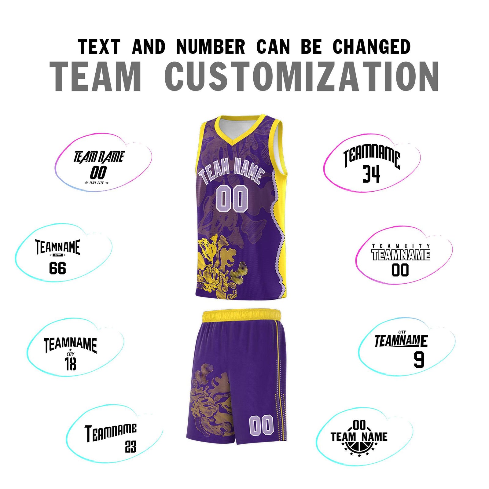 Custom Purple Gold Basketball Jersey - Illusion Flower Graffiti Breathable mesh Fabric
