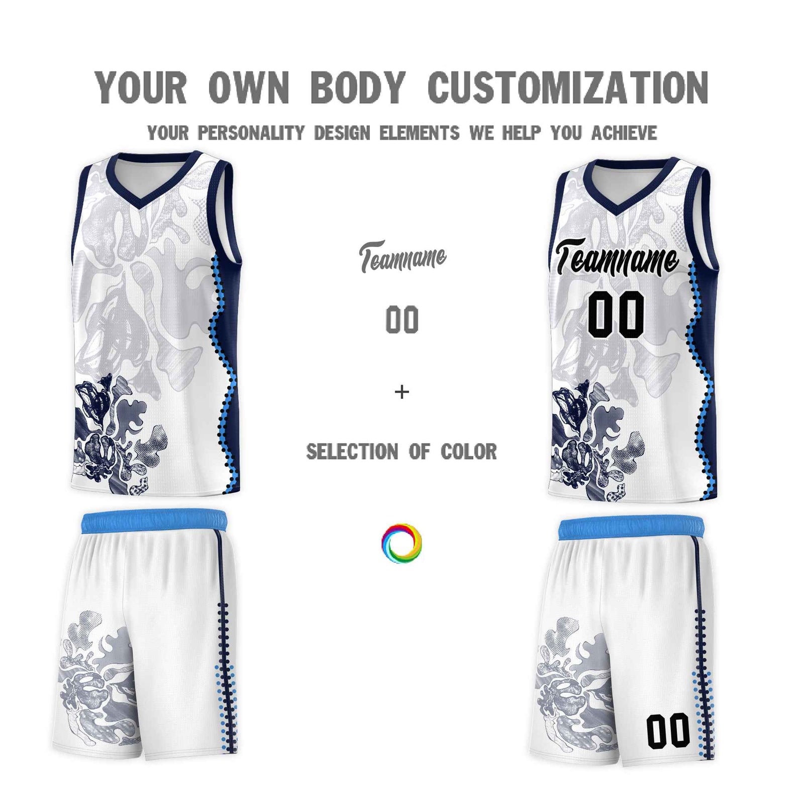 Custom White Navy Basketball Jersey - Illusion Flower Graffiti Breathable Fabric