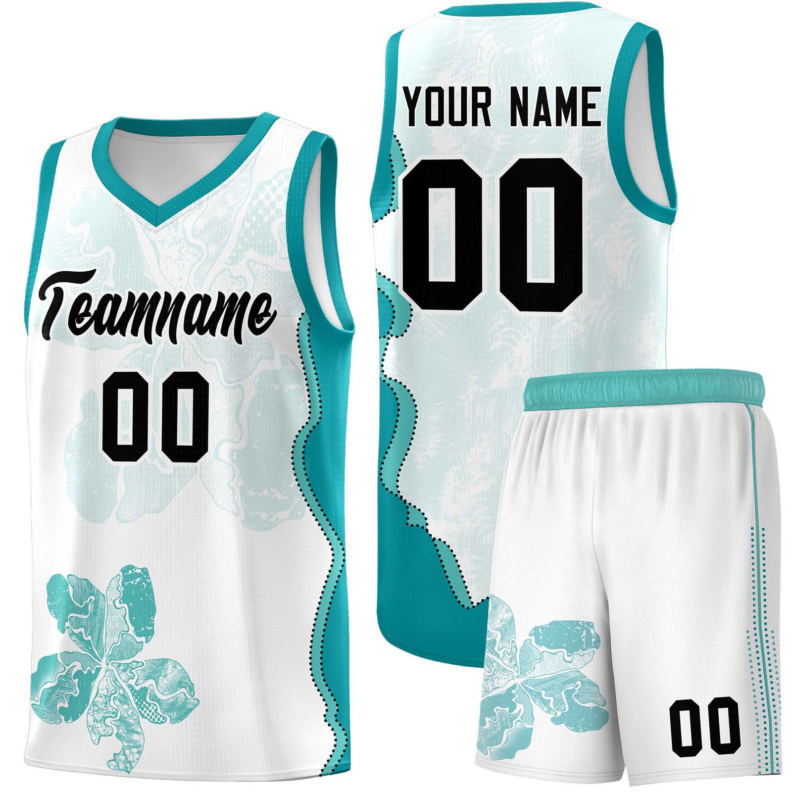 Custom White Teal Basketball Jersey - Illusion Flower Graffiti Lightweight Fabric