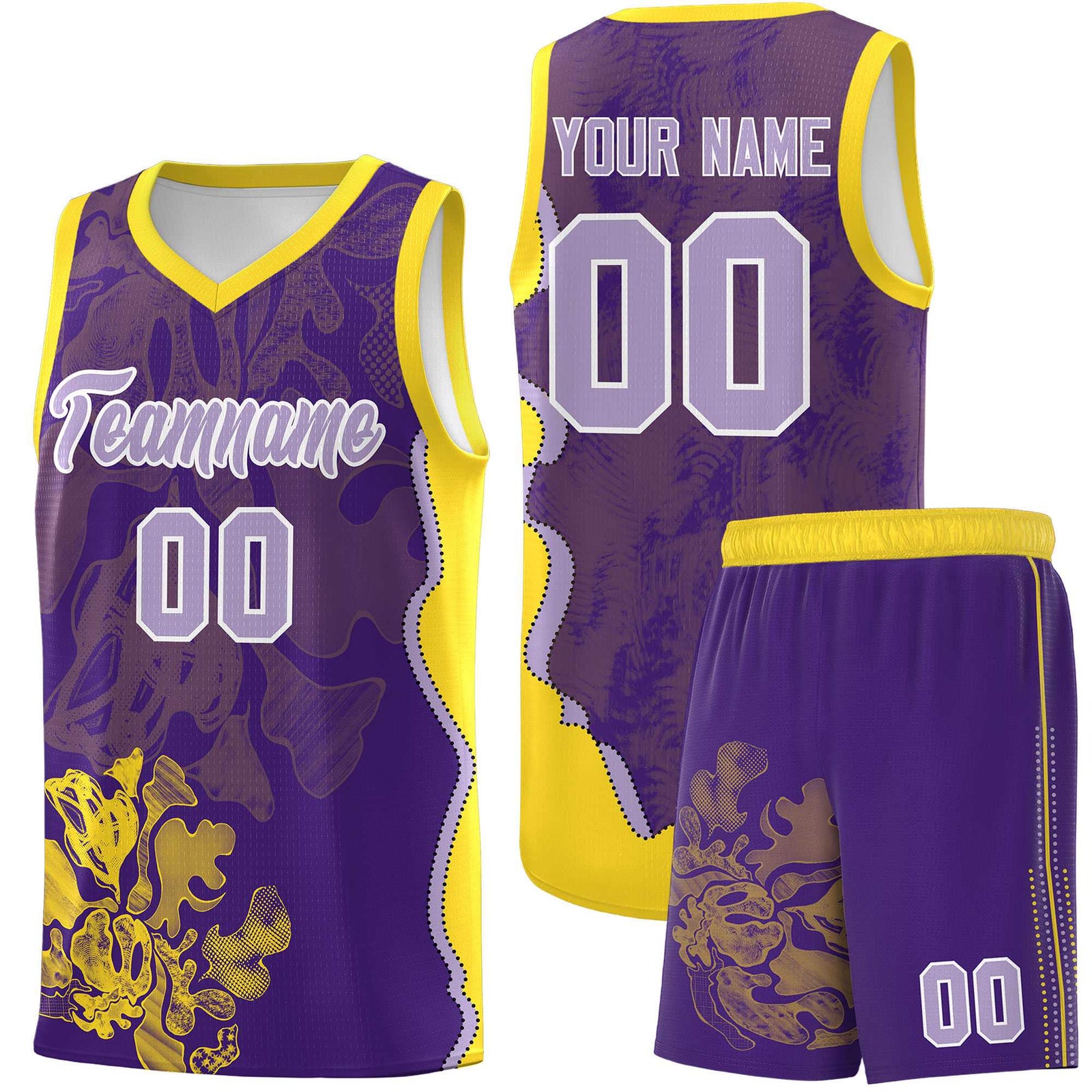 Custom Purple Gold Basketball Jersey - Illusion Flower Graffiti Breathable mesh Fabric
