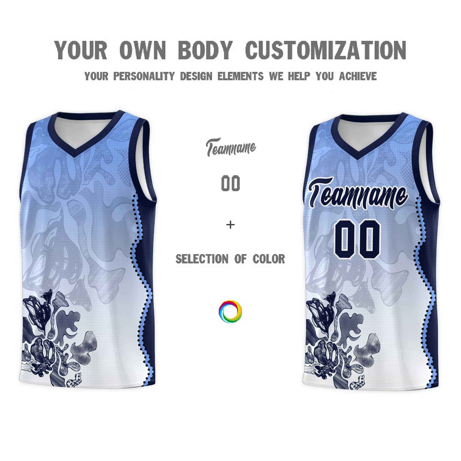 Custom White Navy Basketball Jersey - Illusion Flower Gradient Moisture wicking Fabric