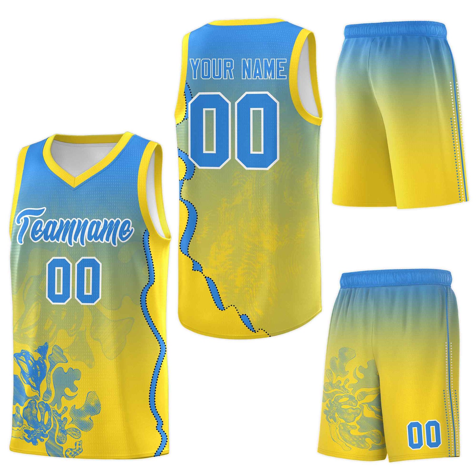 Custom Gold Light Blue Basketball Jersey - Illusion Flower Gradient Moisture-Wicking