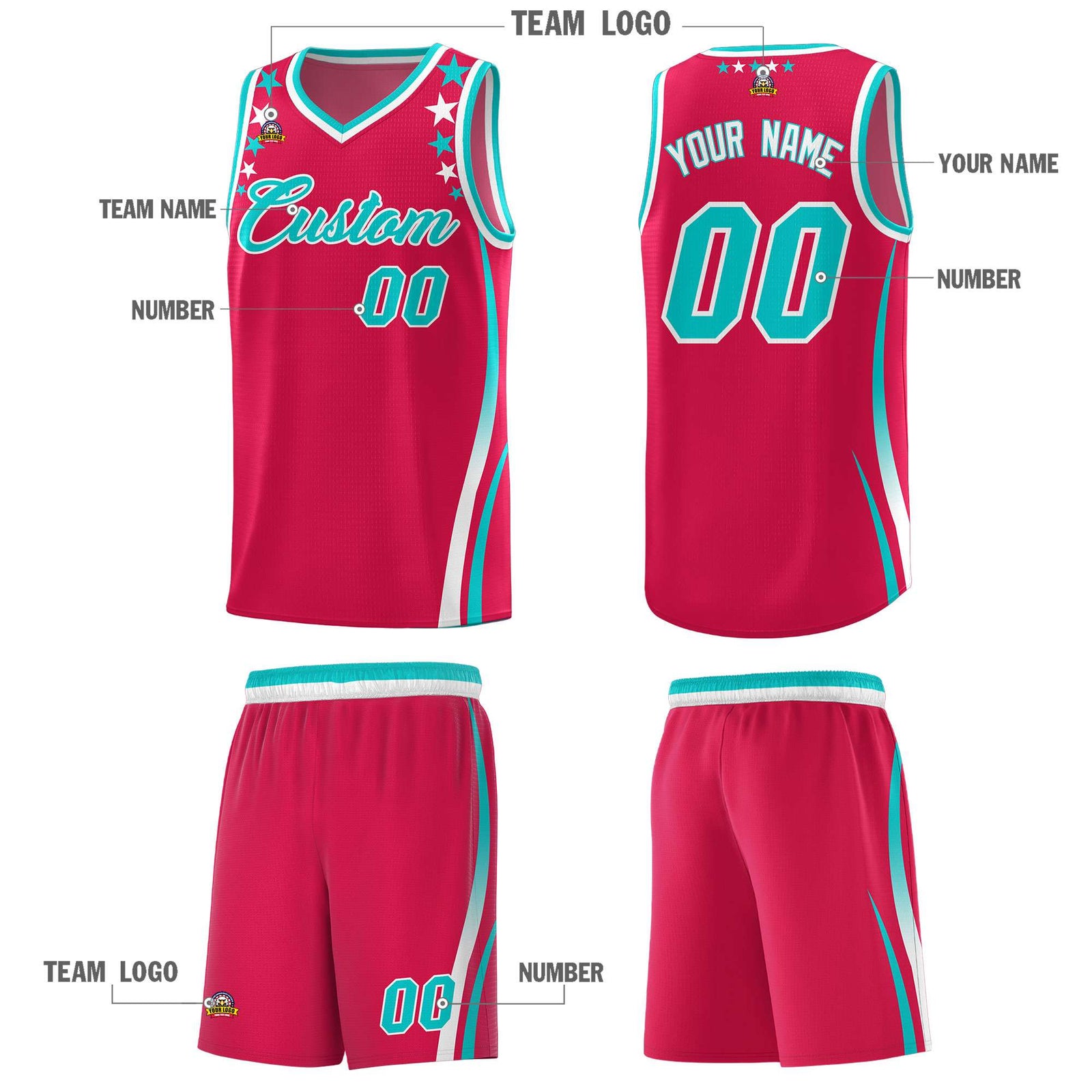Custom Red Shoulders Star Pattern Side Color Block Sports Uniform Basketball Jersey