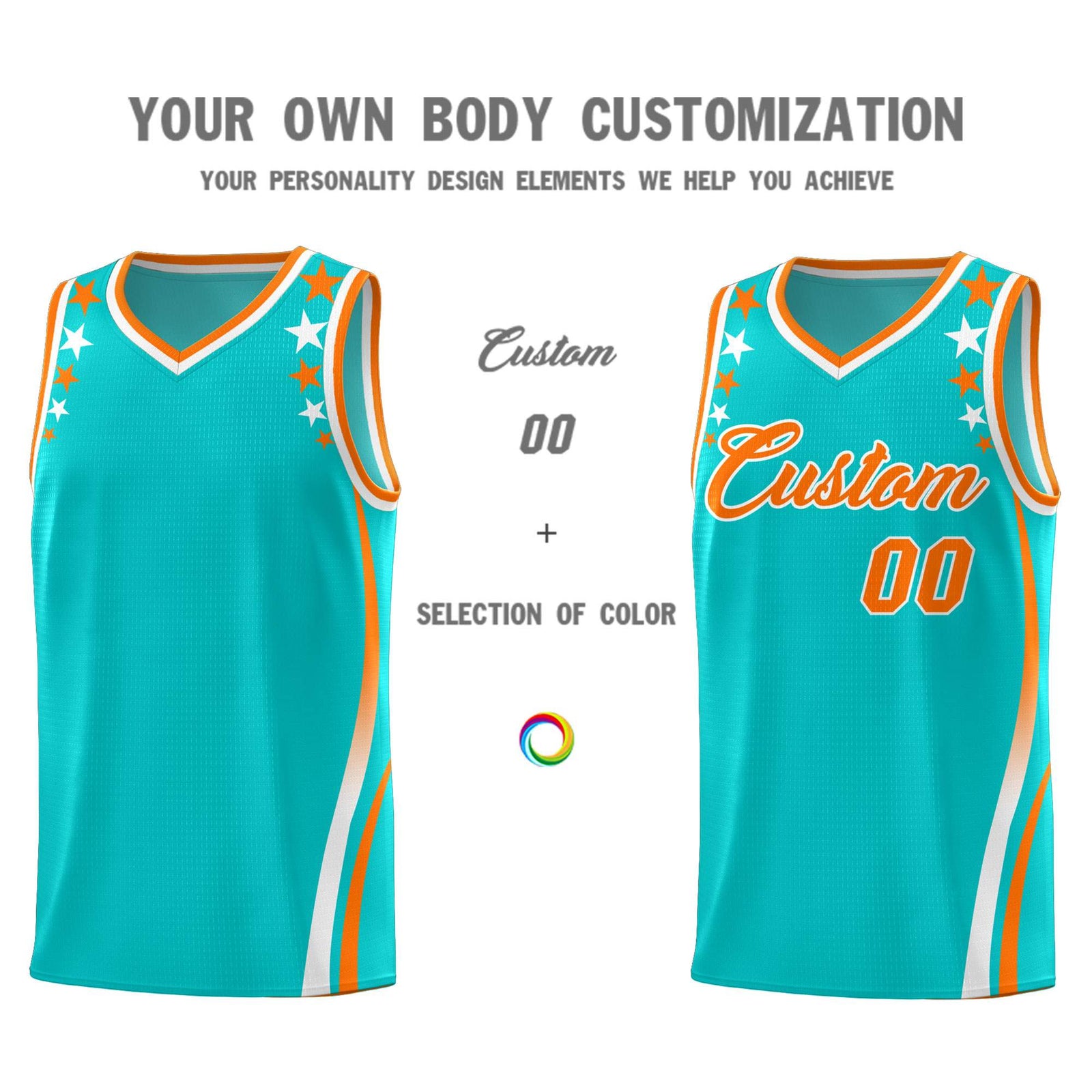 Custom Sky Blue Shoulders Star Pattern Side Color Block Sports Uniform Basketball Jersey