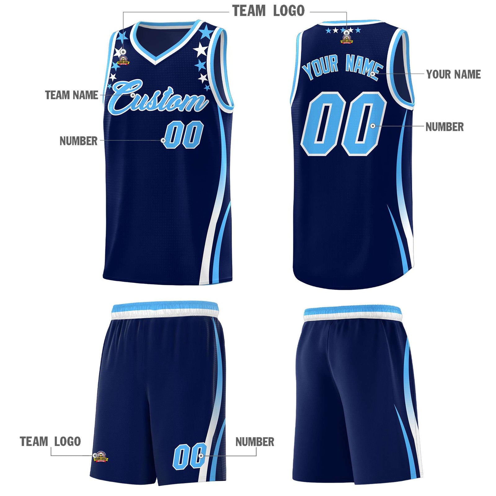 Custom Navy Shoulders Star Pattern Side Color Block Sports Uniform Basketball Jersey