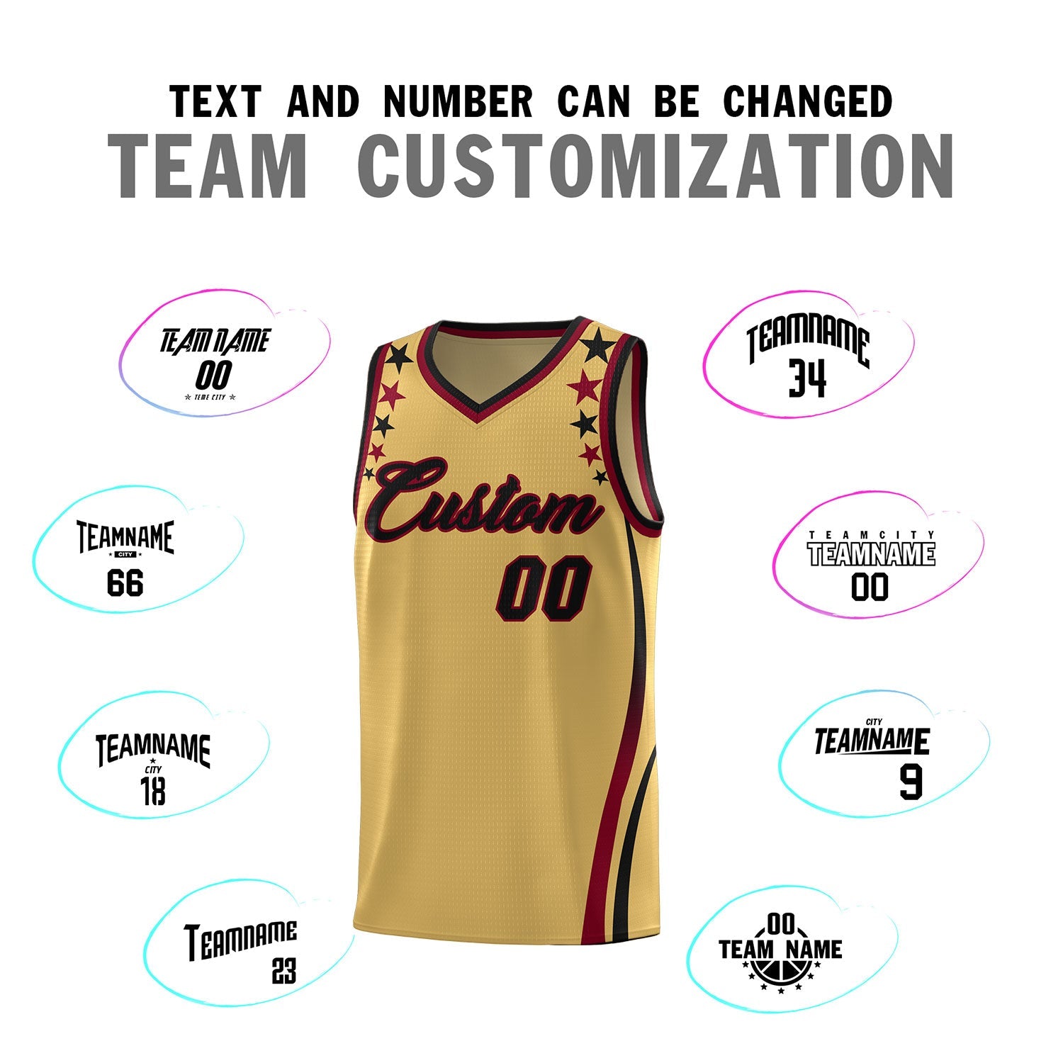 Custom Old Gold Shoulders Star Pattern Side Color Block Sports Uniform Basketball Jersey