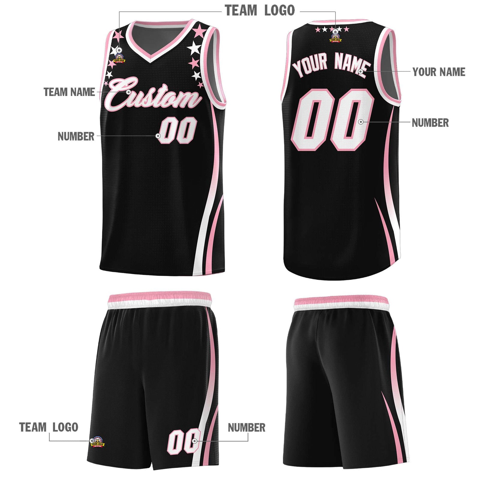 Custom Black Shoulders Star Pattern Side Color Block Sports Uniform Basketball Jersey