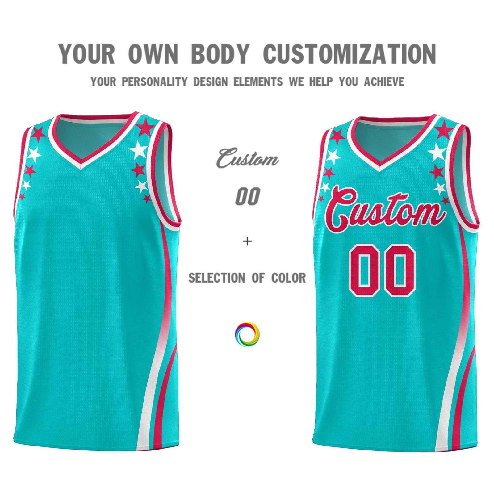 Custom Sky Blue Shoulders Star Pattern Side Color Block Sports Uniform Basketball Jersey