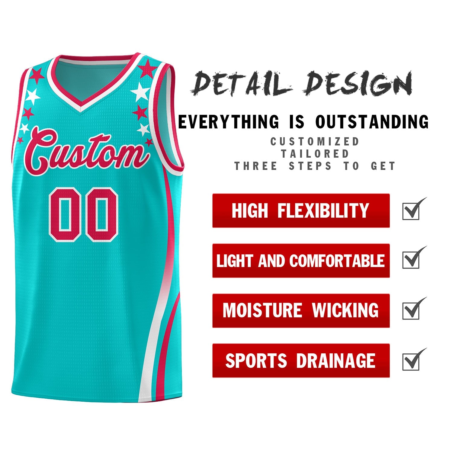 Custom Sky Blue Shoulders Star Pattern Side Color Block Sports Uniform Basketball Jersey