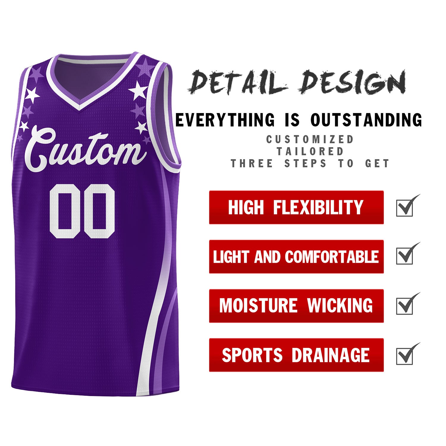 Custom Purple Shoulders Star Pattern Side Color Block Sports Uniform Basketball Jersey