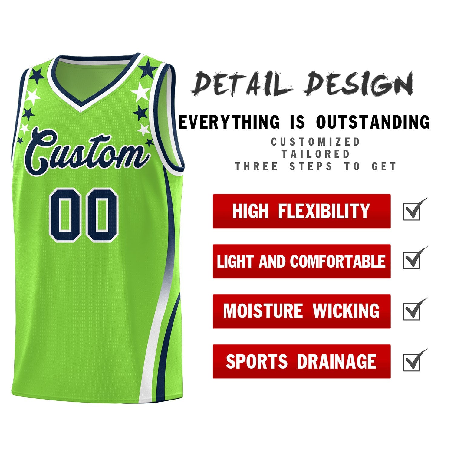 Custom Neon Green Shoulders Star Pattern Side Color Block Sports Uniform Basketball Jersey