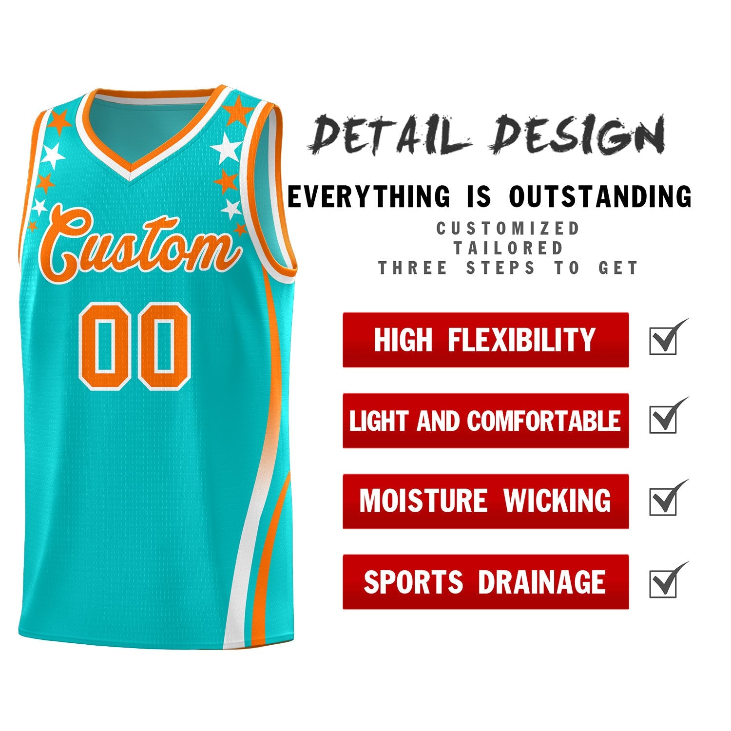 Custom Sky Blue Shoulders Star Pattern Side Color Block Sports Uniform Basketball Jersey