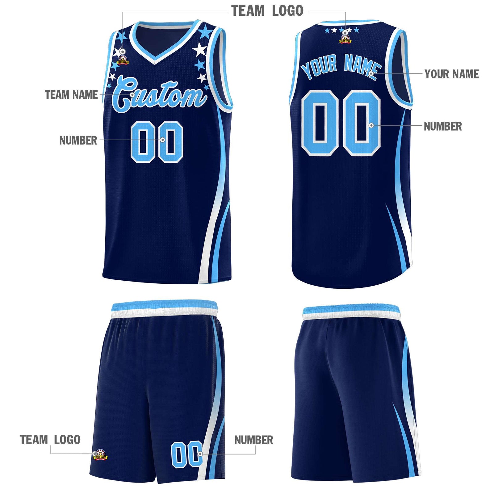 Custom Navy Shoulders Star Pattern Side Color Block Sports Uniform Basketball Jersey