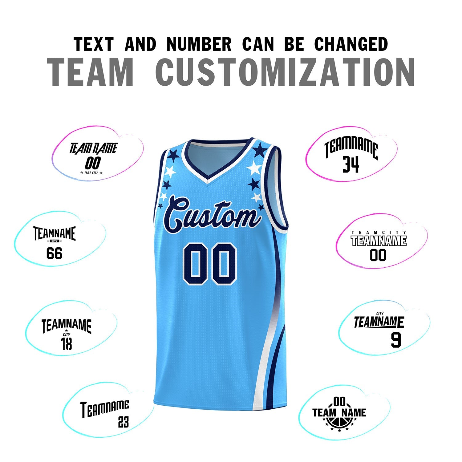 Custom Light Blue Shoulders Star Pattern Side Color Block Sports Uniform Basketball Jersey