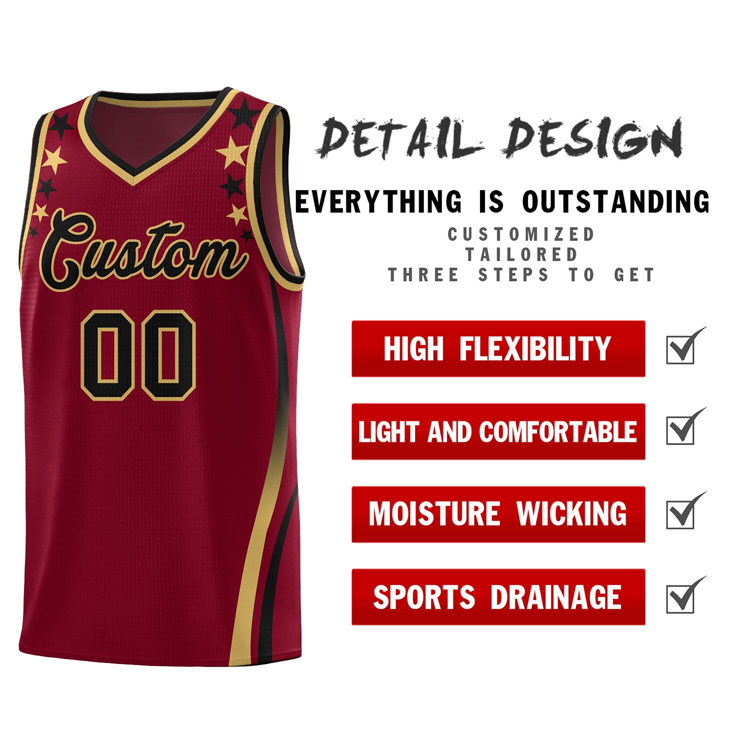 Custom Crimson Shoulders Star Pattern Side Color Block Sports Uniform Basketball Jersey