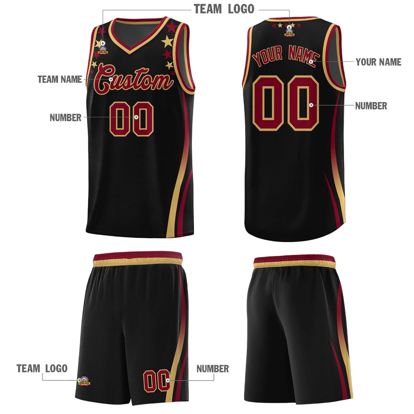 Custom Black Shoulders Star Pattern Side Color Block Sports Uniform Basketball Jersey