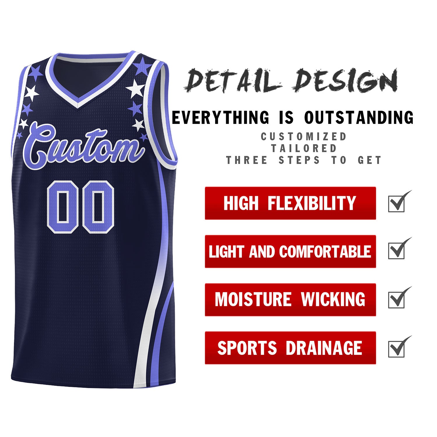 Custom Navy Shoulders Star Pattern Side Color Block Sports Uniform Basketball Jersey