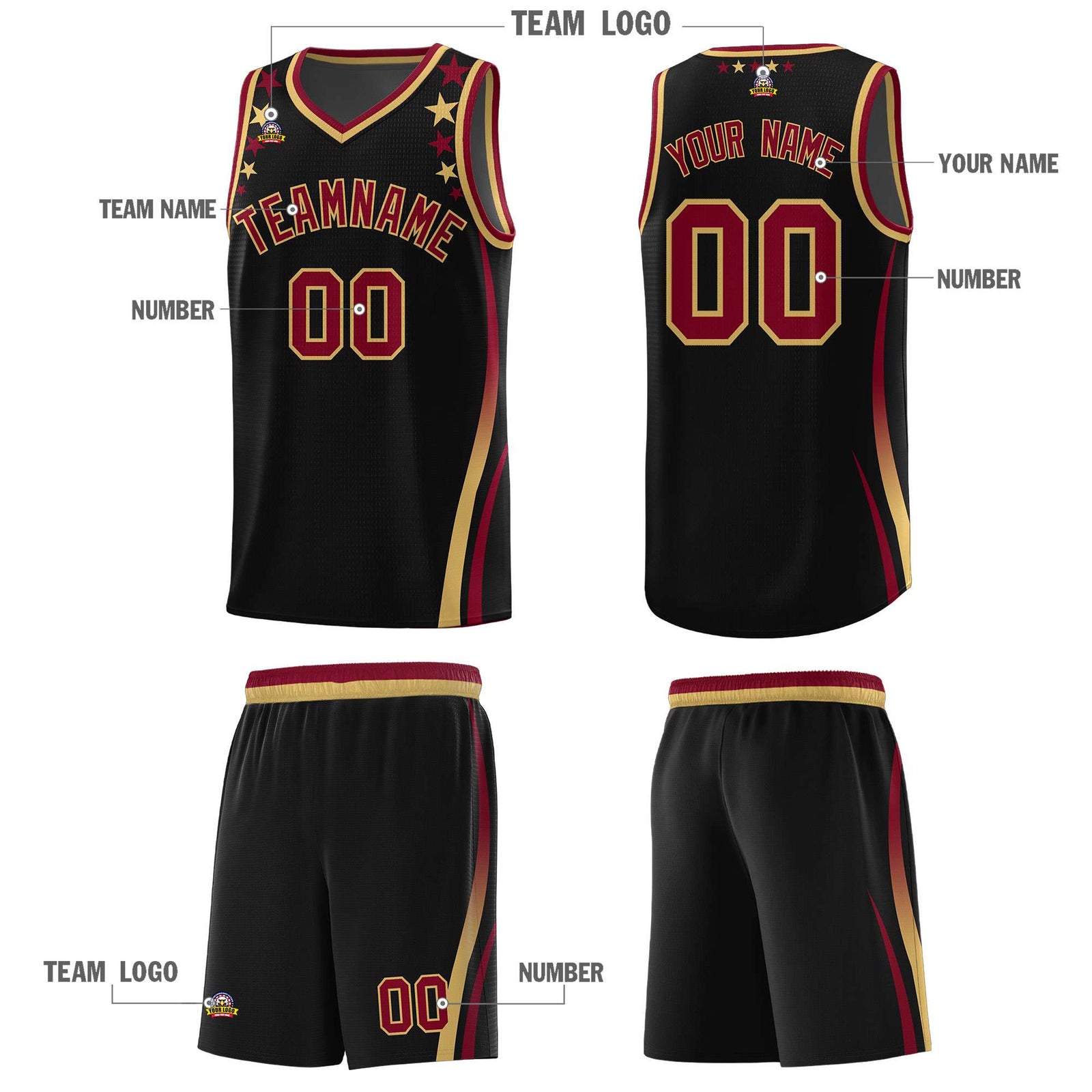 Custom Black Shoulders Star Pattern Side Color Block Sports Uniform Basketball Jersey
