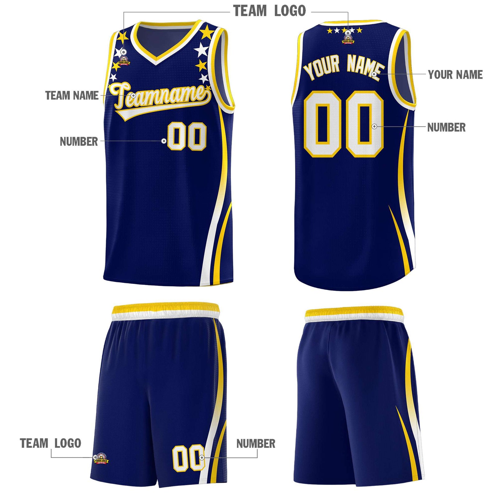 Custom Navy Shoulders Star Pattern Side Color Block Sports Uniform Basketball Jersey