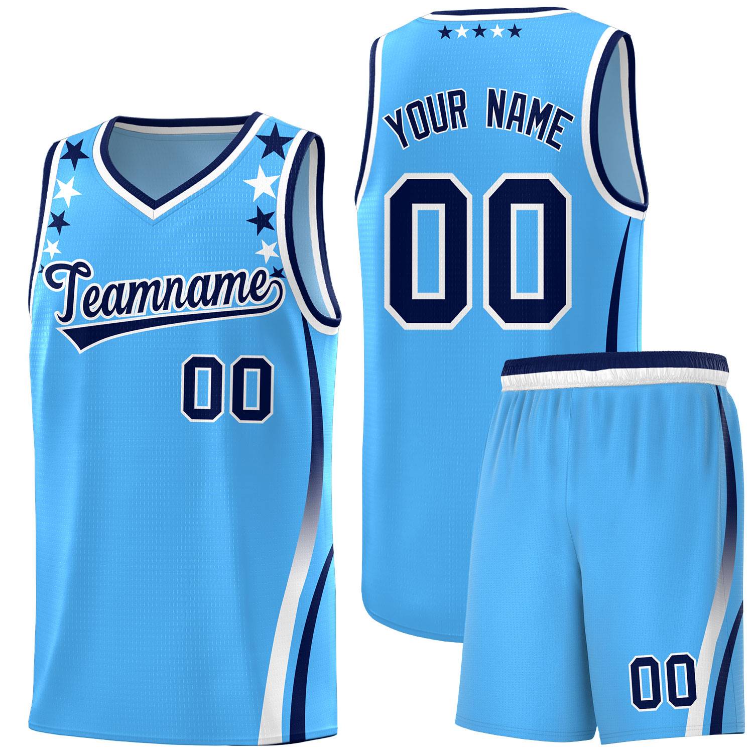 Custom Light Blue Shoulders Star Pattern Side Color Block Sports Uniform Basketball Jersey