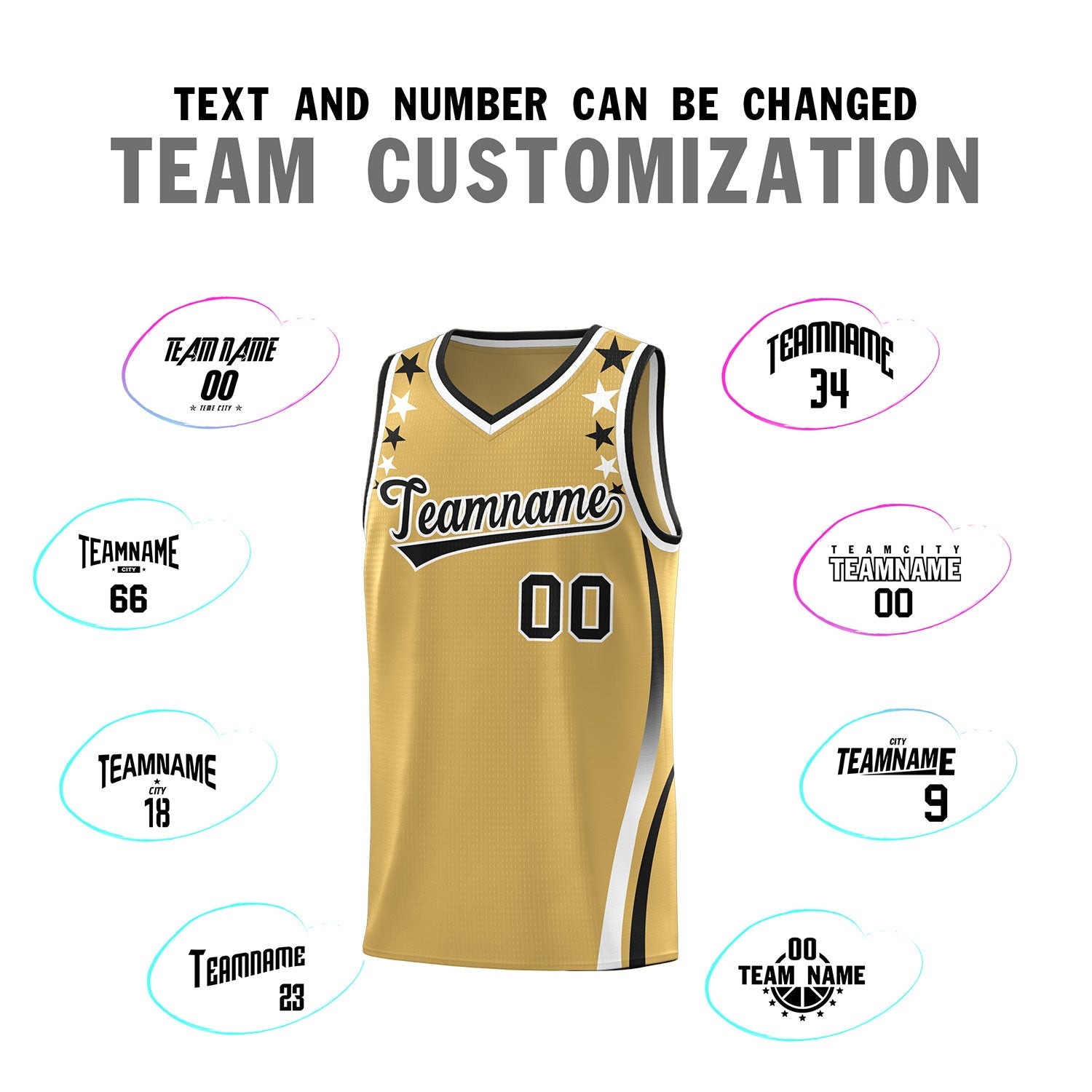 Custom Old Gold Shoulders Star Pattern Side Color Block Sports Uniform Basketball Jersey