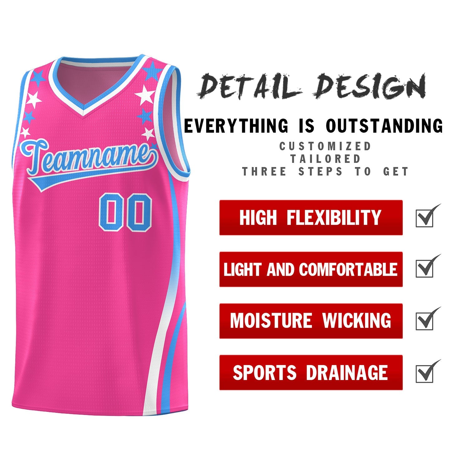 Custom Pink Shoulders Star Pattern Side Color Block Sports Uniform Basketball Jersey