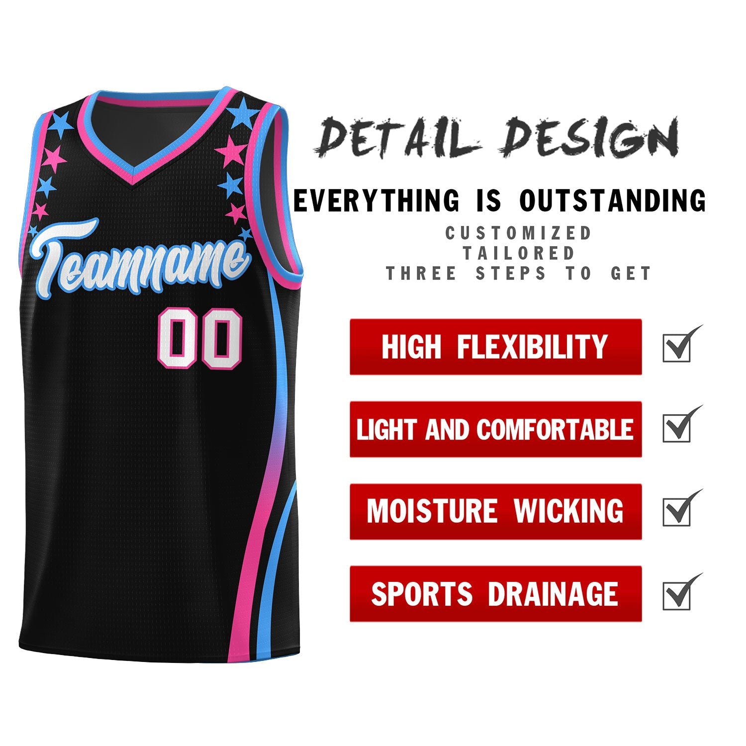 Custom Black Shoulders Star Pattern Side Color Block Sports Uniform Basketball Jersey