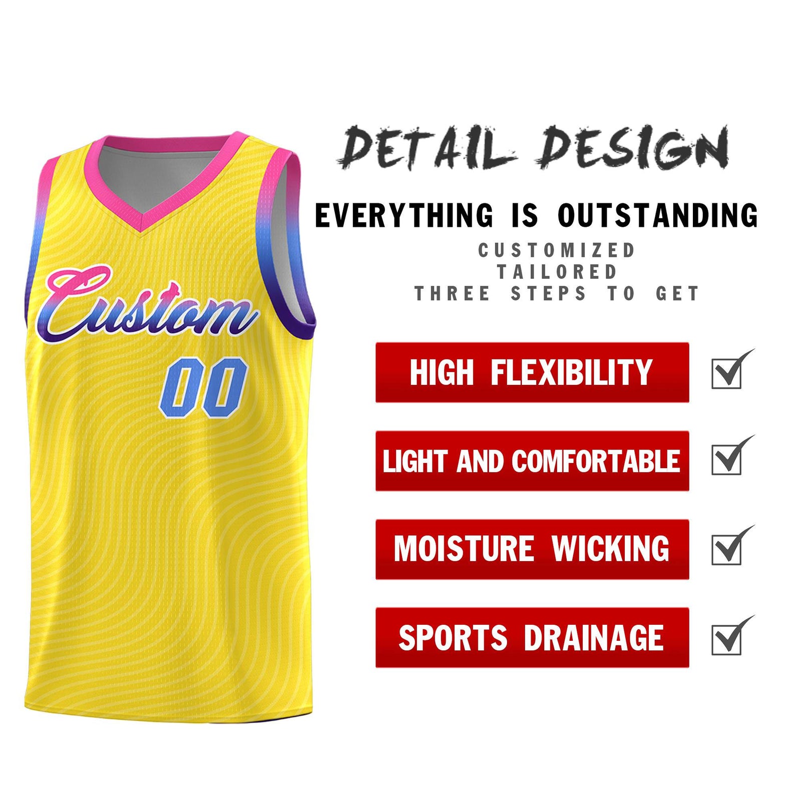 Custom Gold Pink Wave Pattern Sports Uniform Basketball Jersey