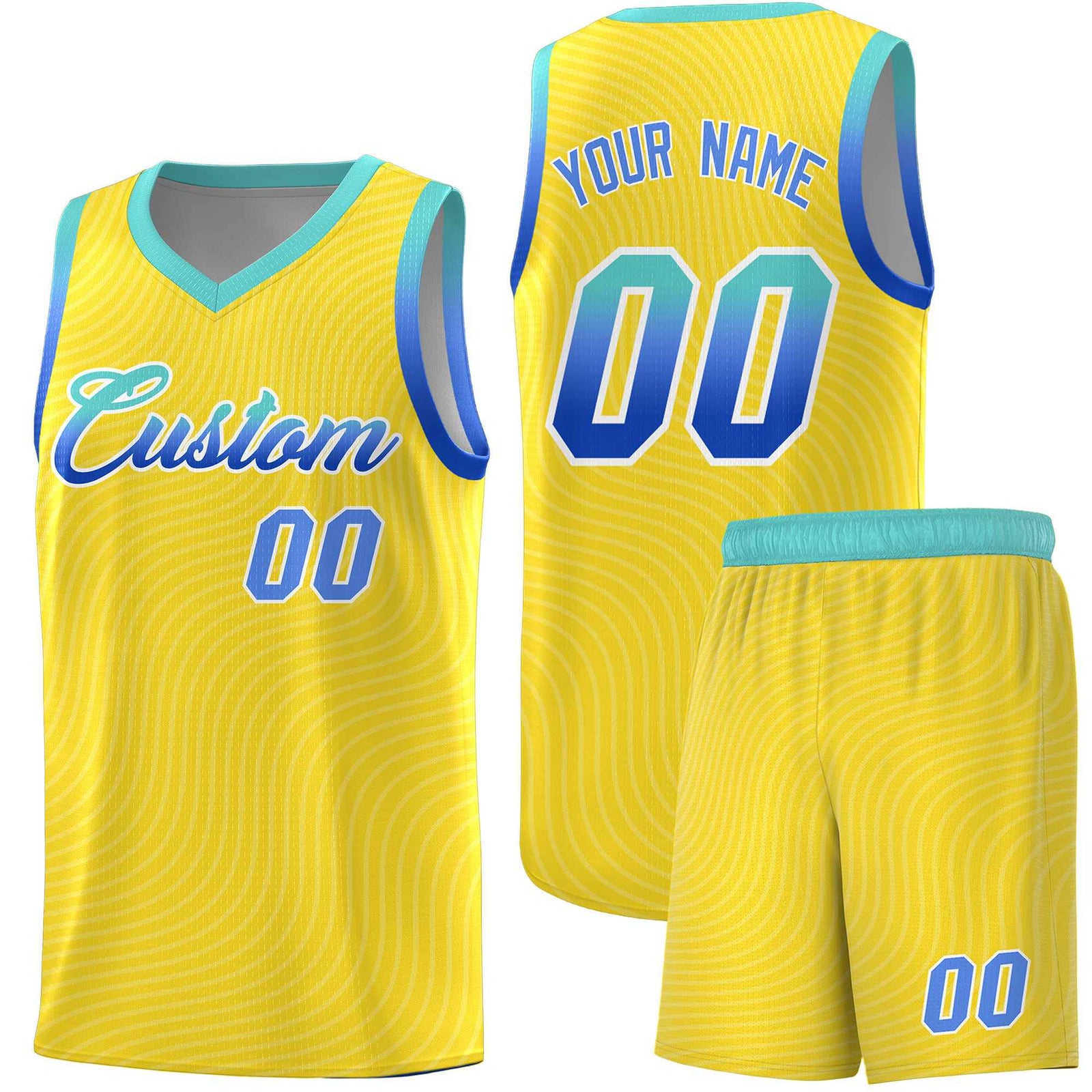 Custom Gold Bright Green Wave Pattern Sports Uniform Basketball Jersey