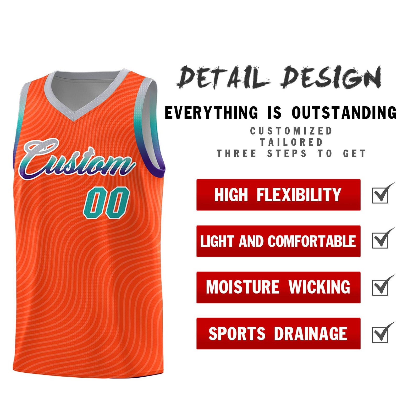 Custom Orange Gray Wave Pattern Sports Uniform Basketball Jersey