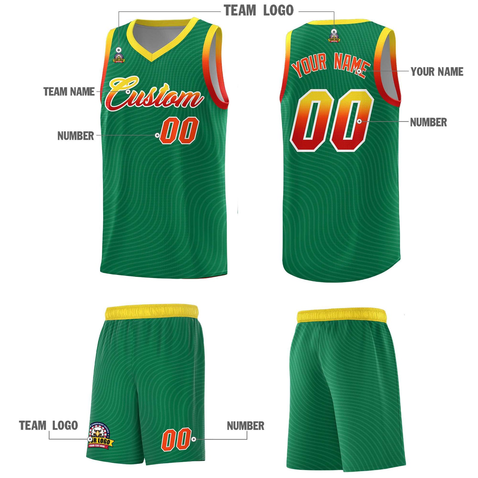 Custom Kelly Green Gold Wave Pattern Sports Uniform Basketball Jersey