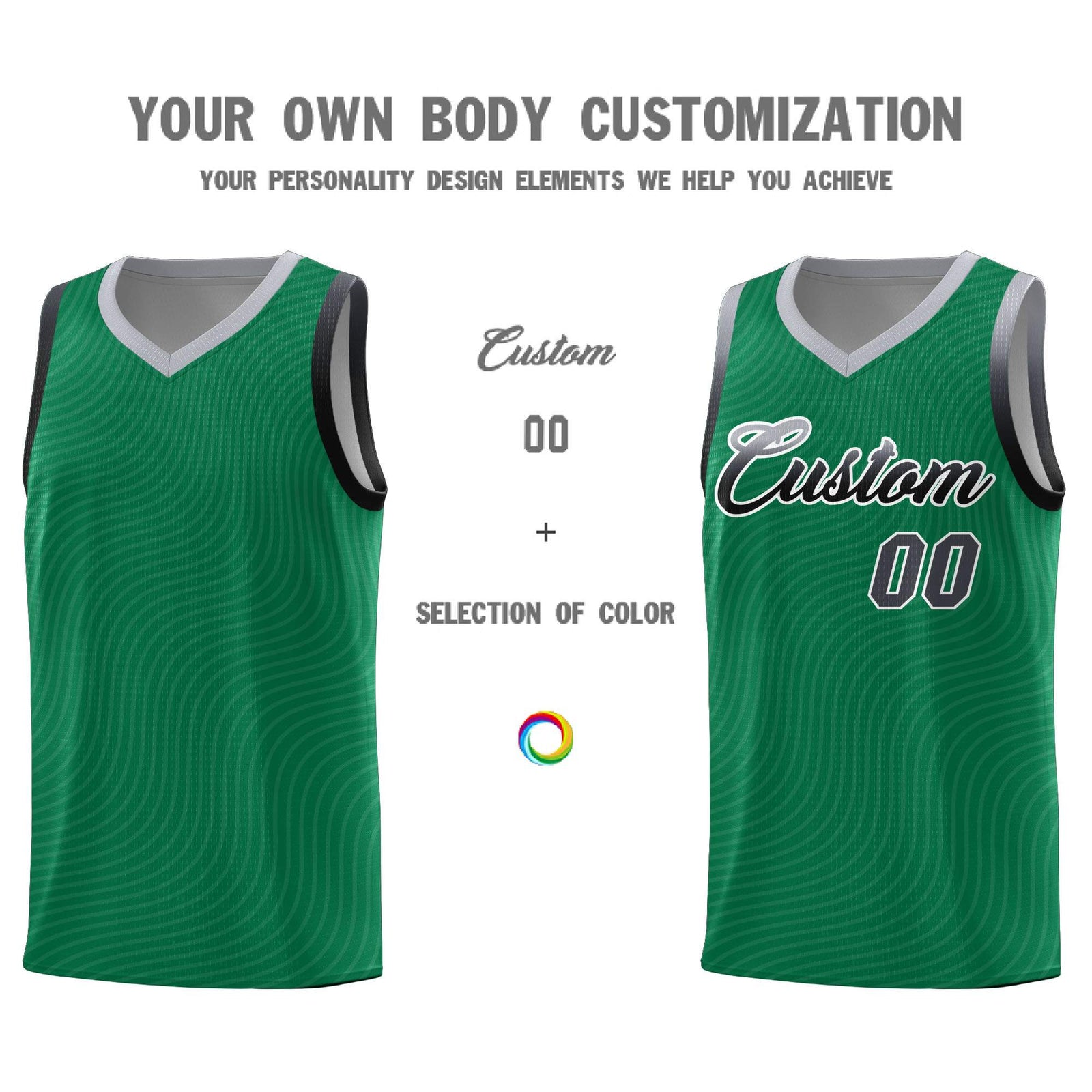 Custom Kelly Green Gray Wave Pattern Sports Uniform Basketball Jersey