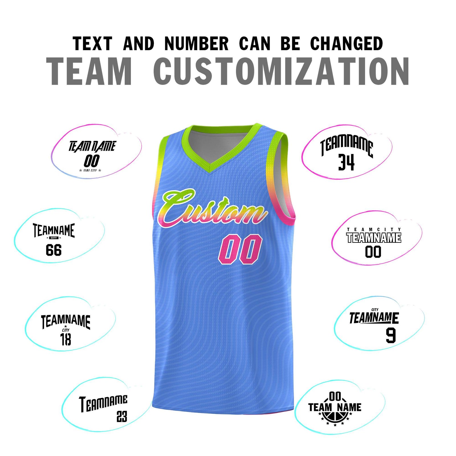 Custom Light Blue Neon Green Wave Pattern Sports Uniform Basketball Jersey