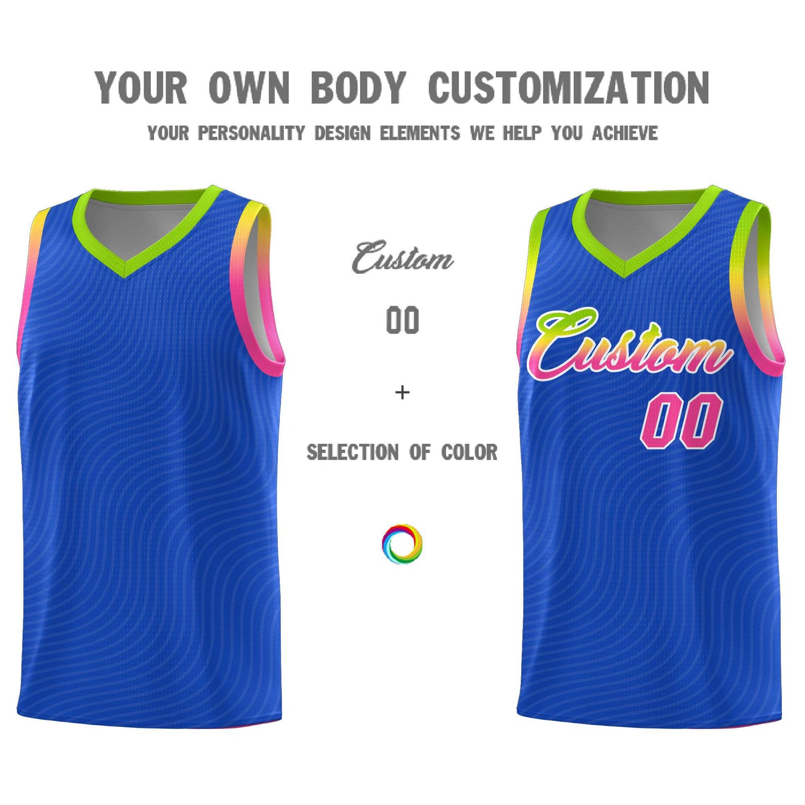 Custom Royal Blue Neon Green Wave Pattern Sports Uniform Basketball Jersey
