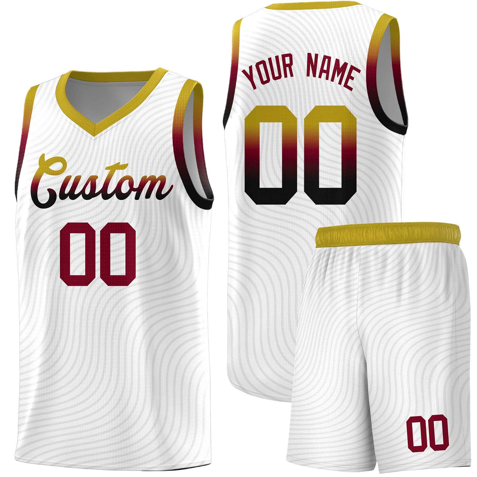 Custom White Old Gold Wave Pattern Sports Uniform Basketball Jersey