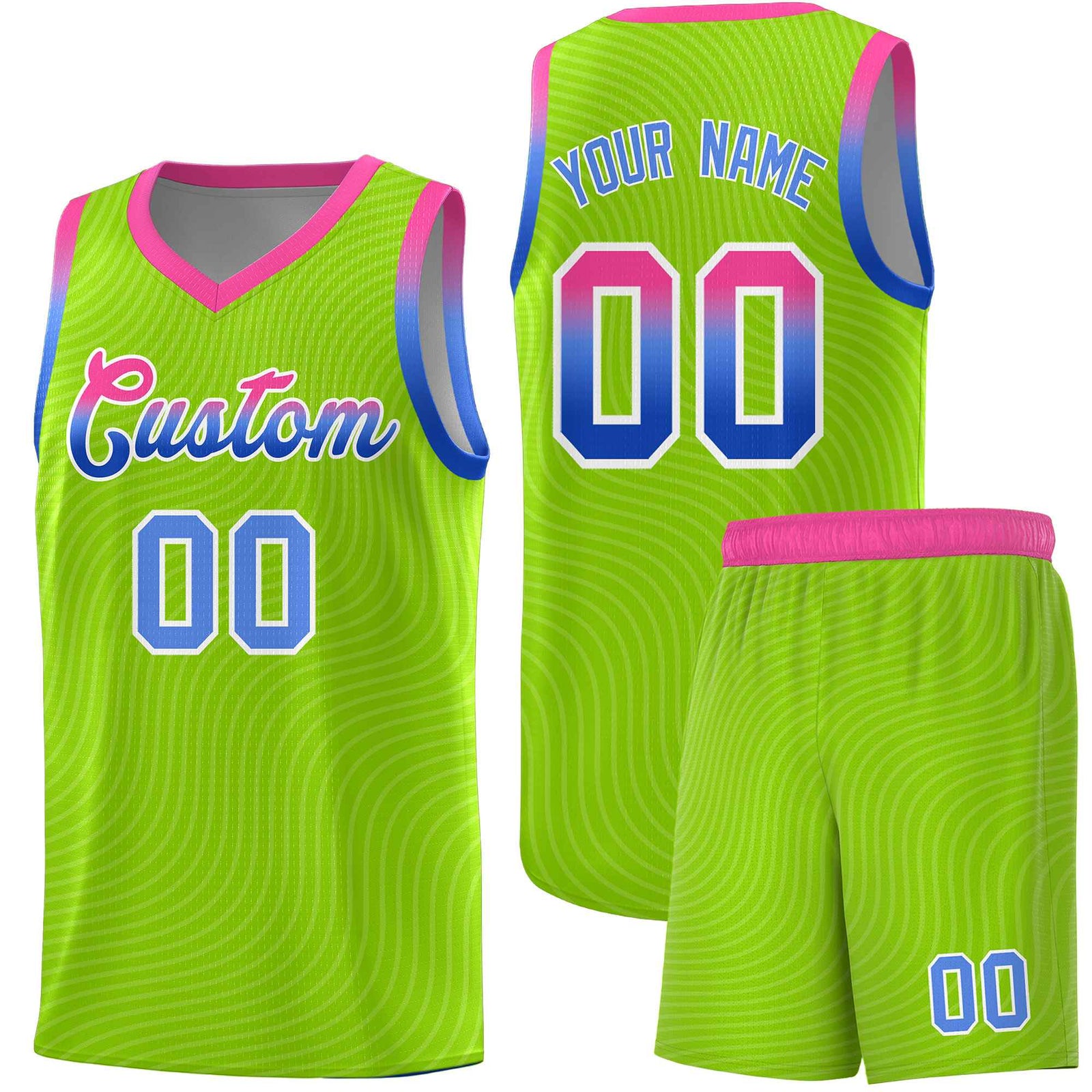 Custom Neon Green Pink Wave Pattern Sports Uniform Basketball Jersey