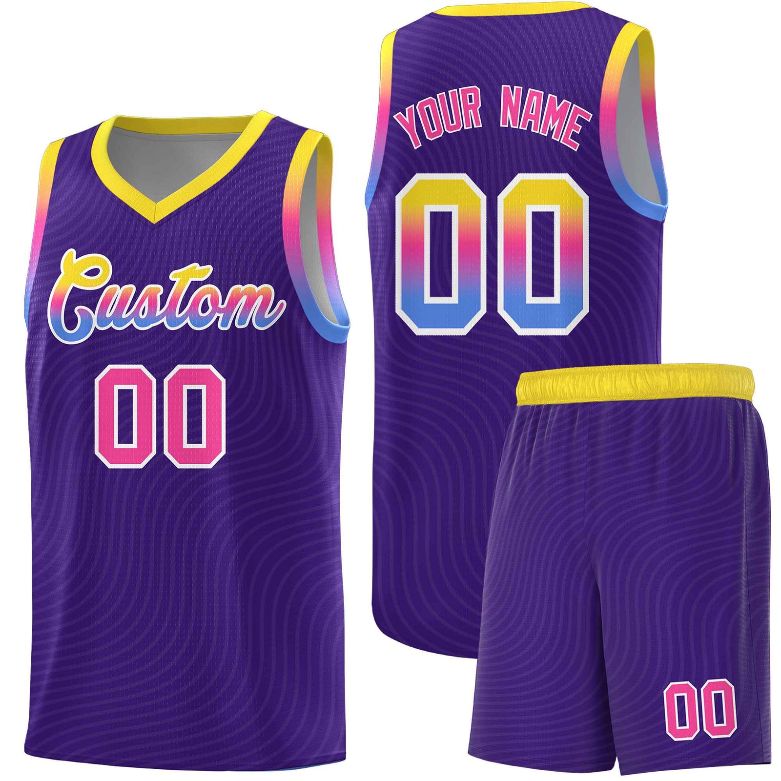 Custom Purple Gold Wave Pattern Sports Uniform Basketball Jersey