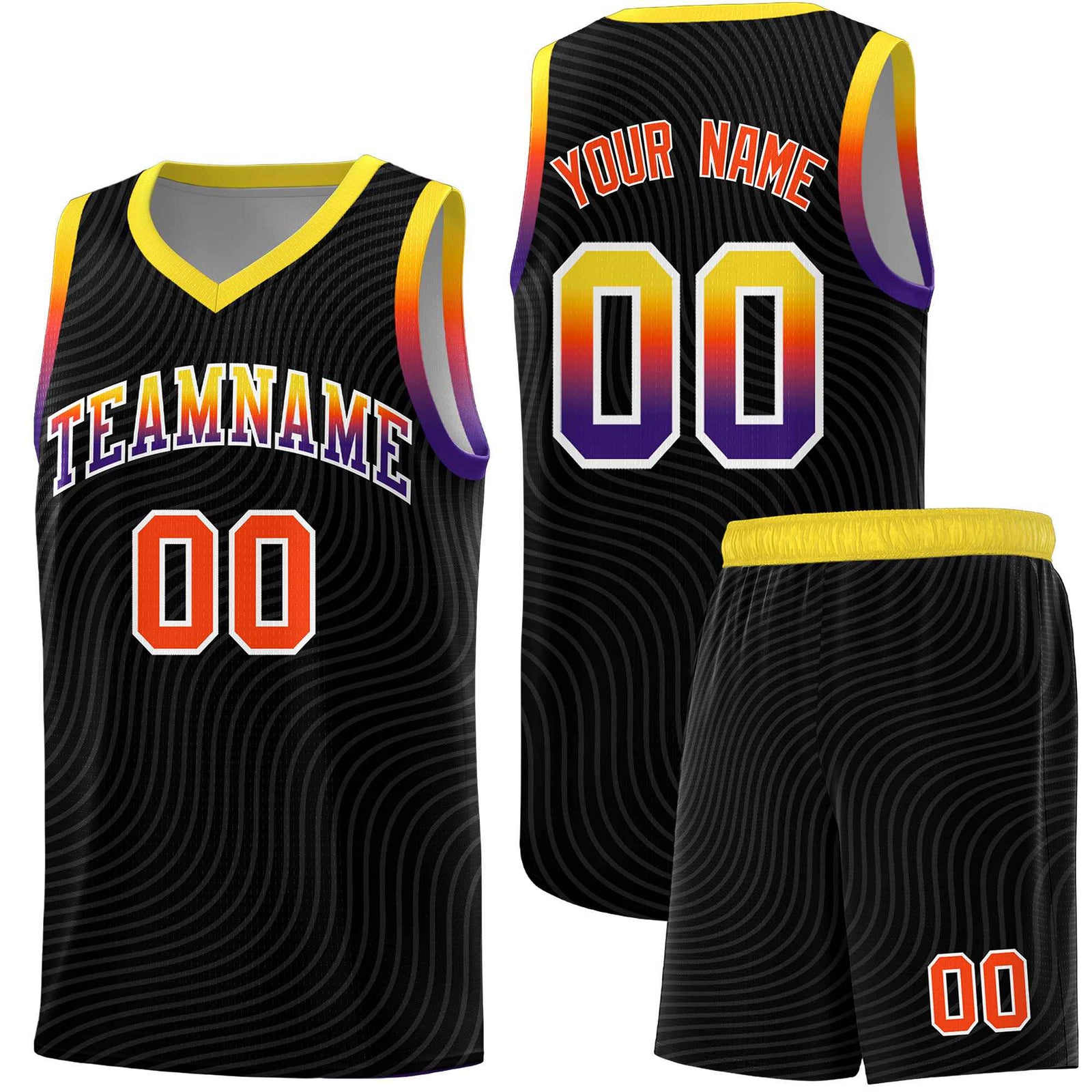 Custom Black Gold Wave Pattern Sports Uniform Basketball Jersey