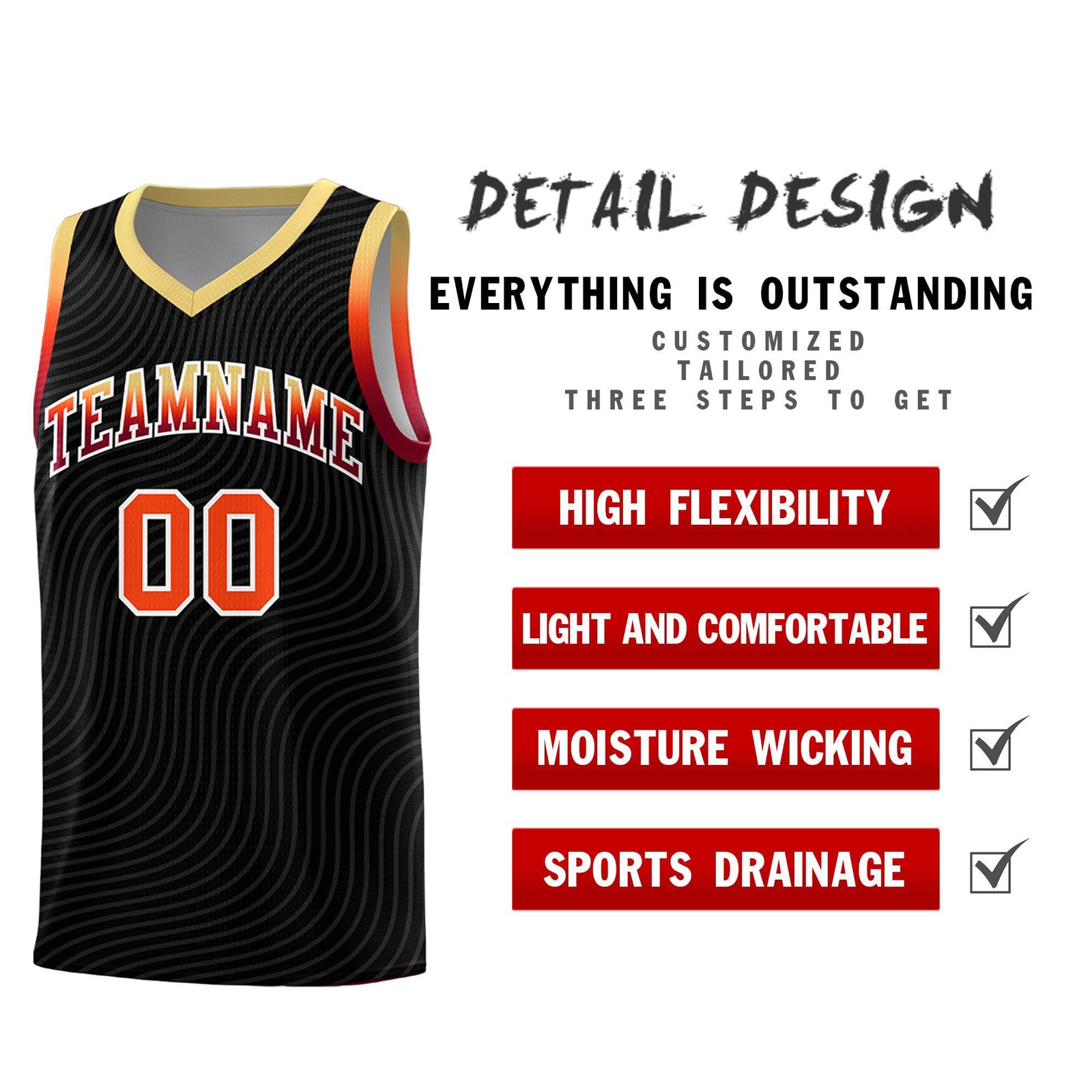 Custom Black Khaki Wave Pattern Sports Uniform Basketball Jersey