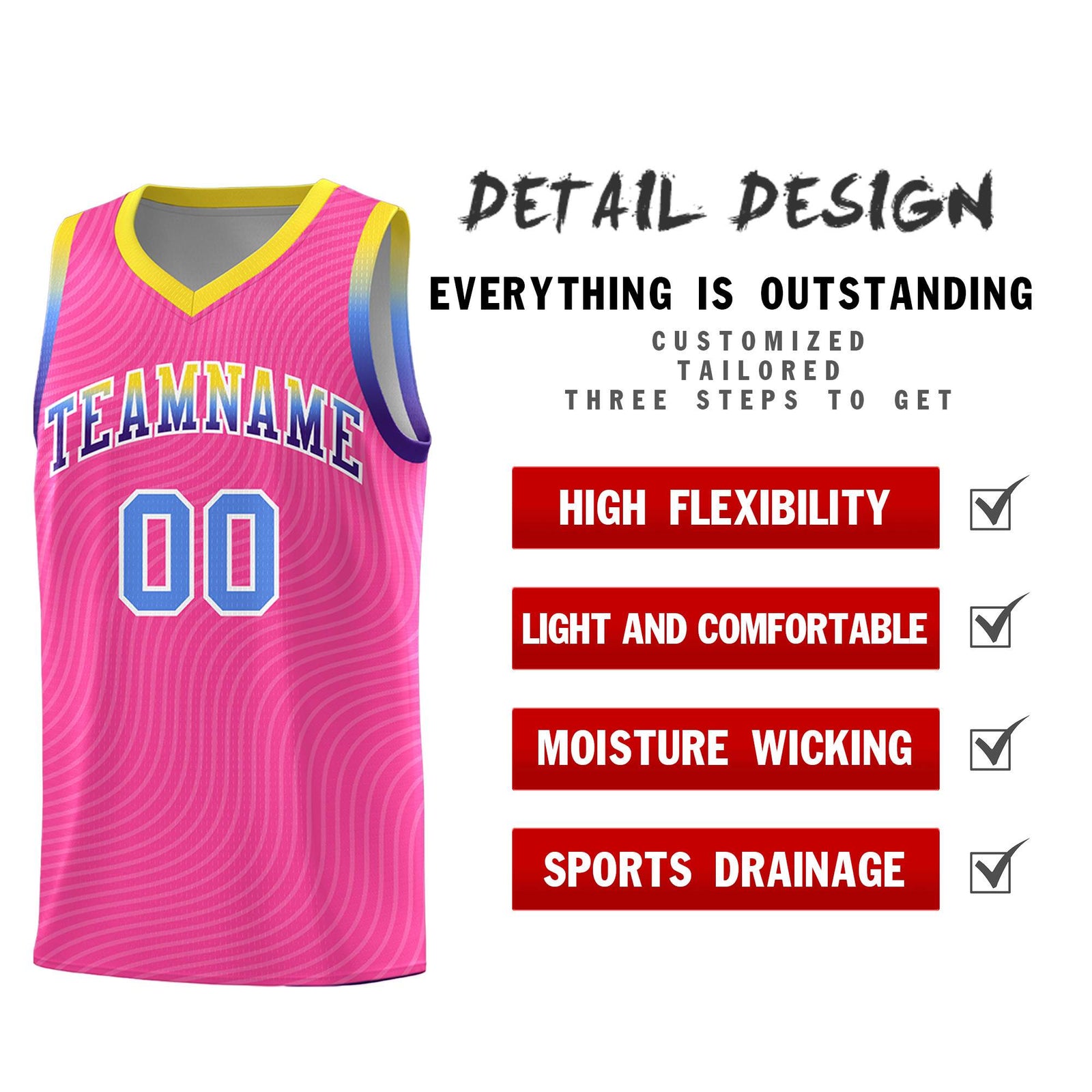 Custom Pink Gold Wave Pattern Sports Uniform Basketball Jersey