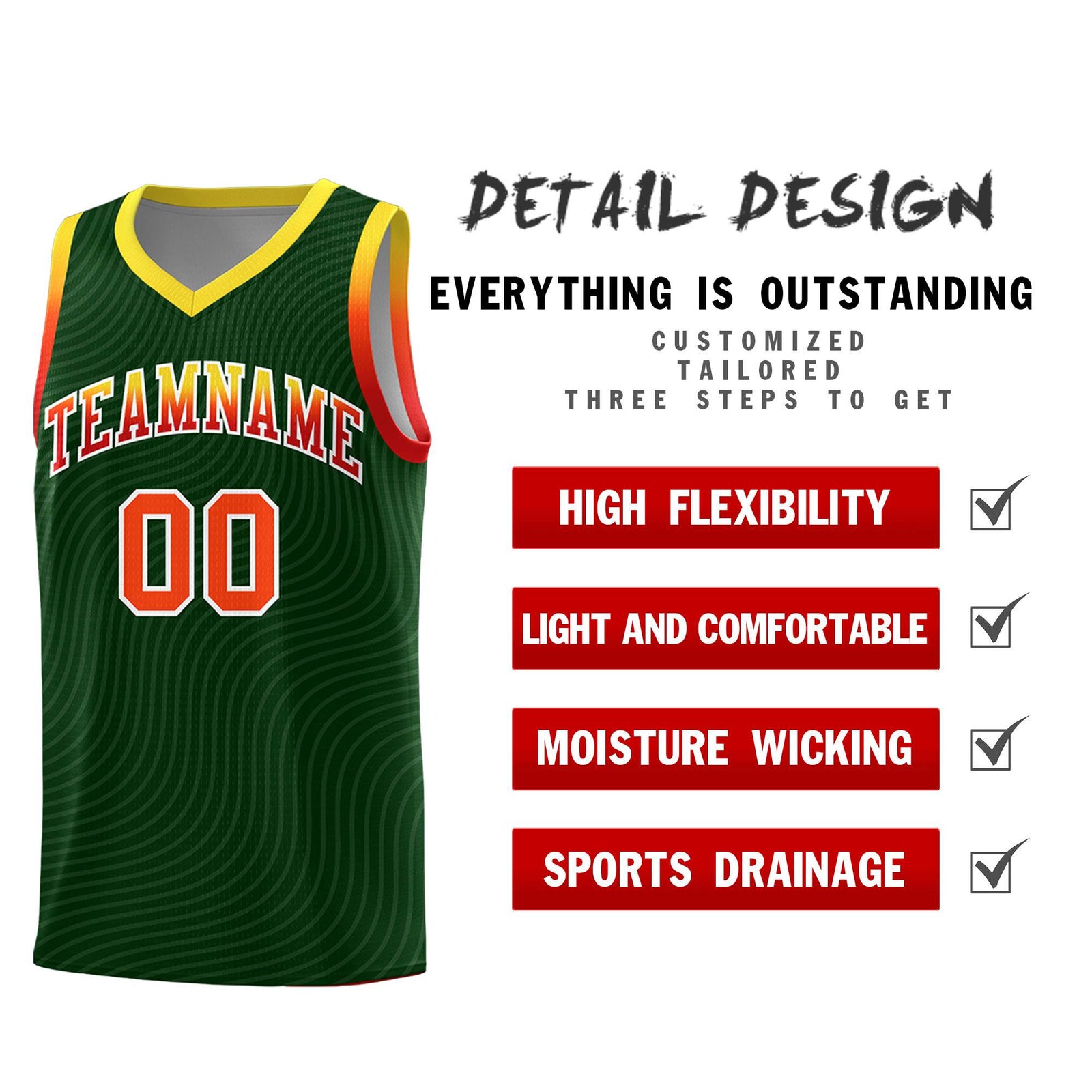 Custom Hunter Green Gold Wave Pattern Sports Uniform Basketball Jersey