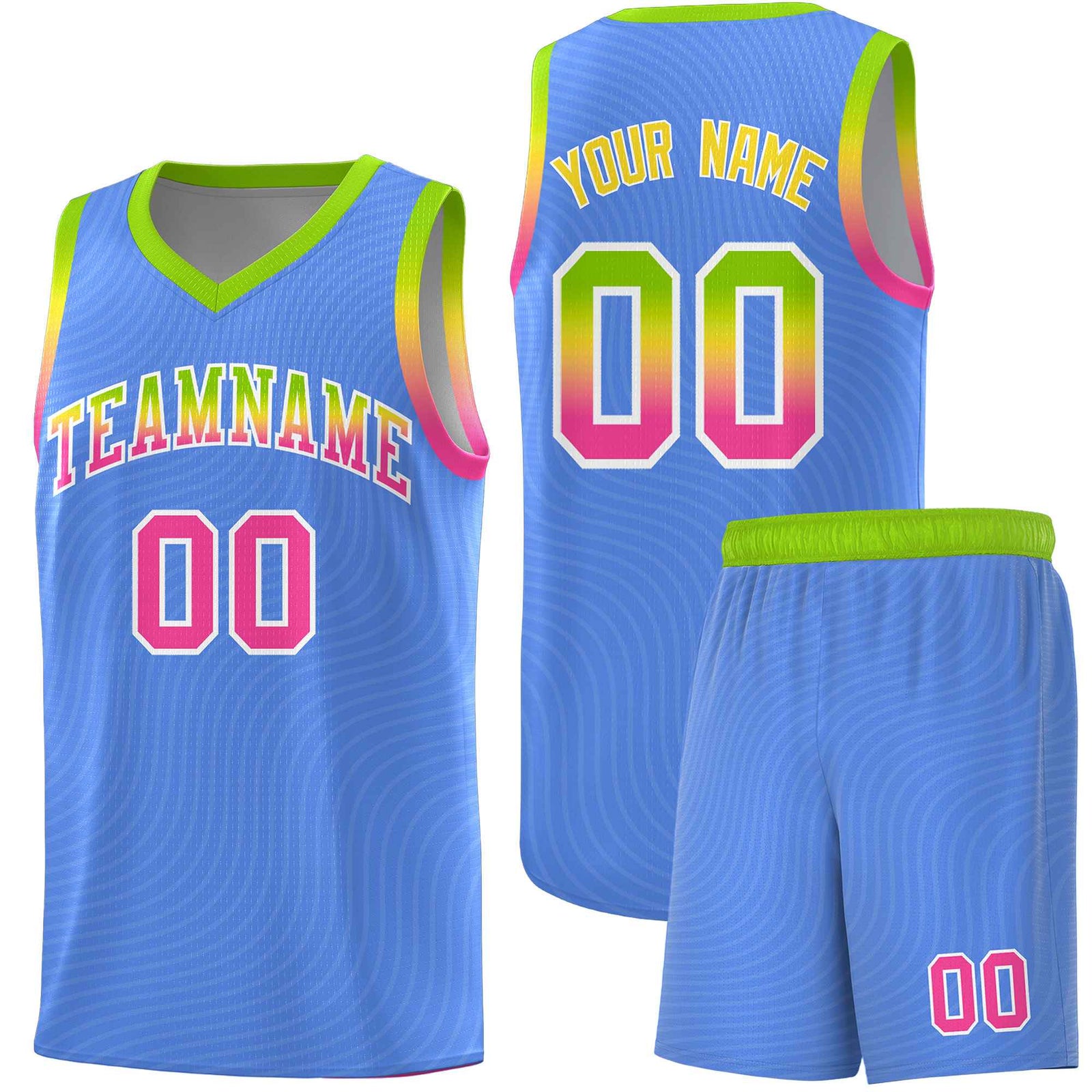 Custom Light Blue Neon Green Wave Pattern Sports Uniform Basketball Jersey