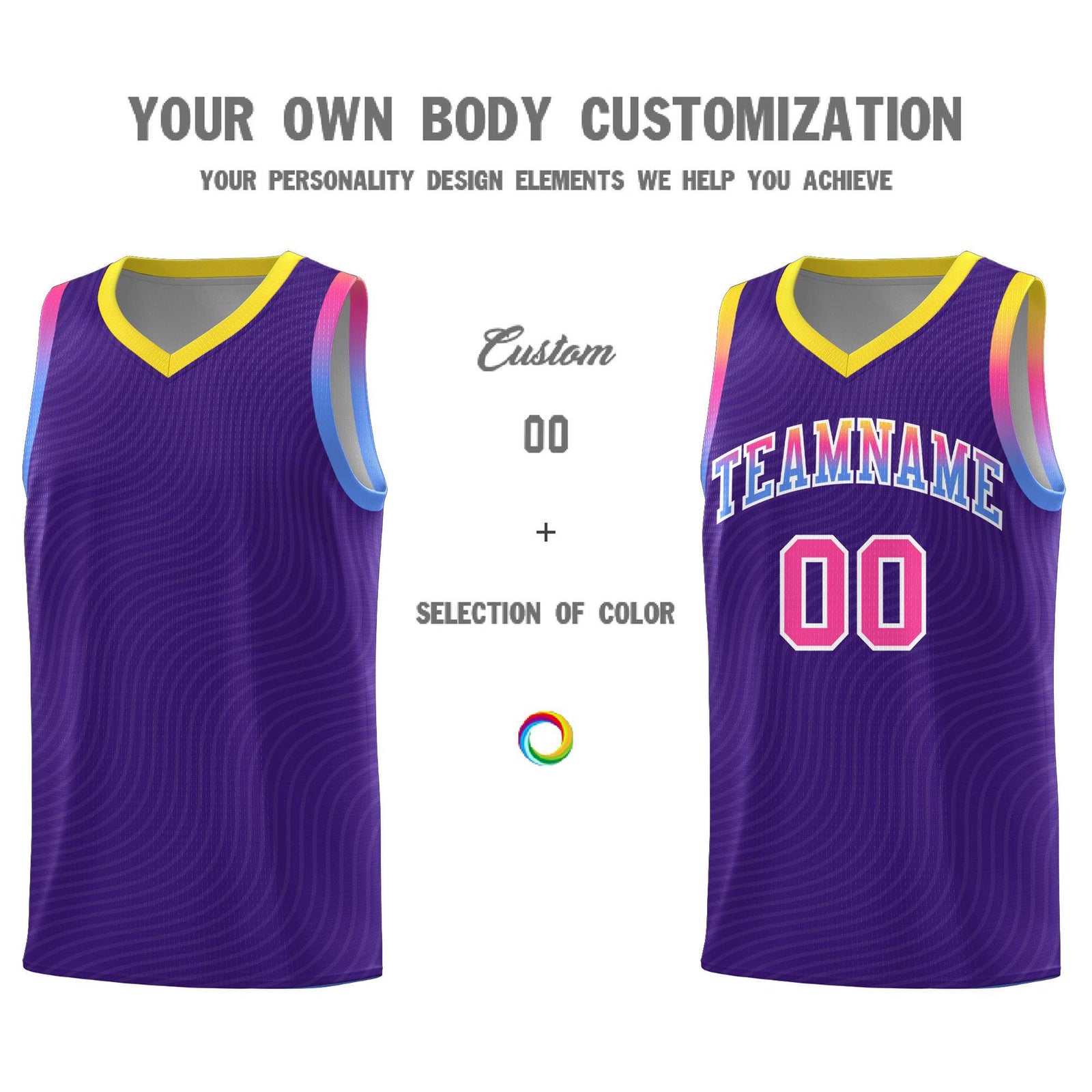 Custom Purple Gold Wave Pattern Sports Uniform Basketball Jersey
