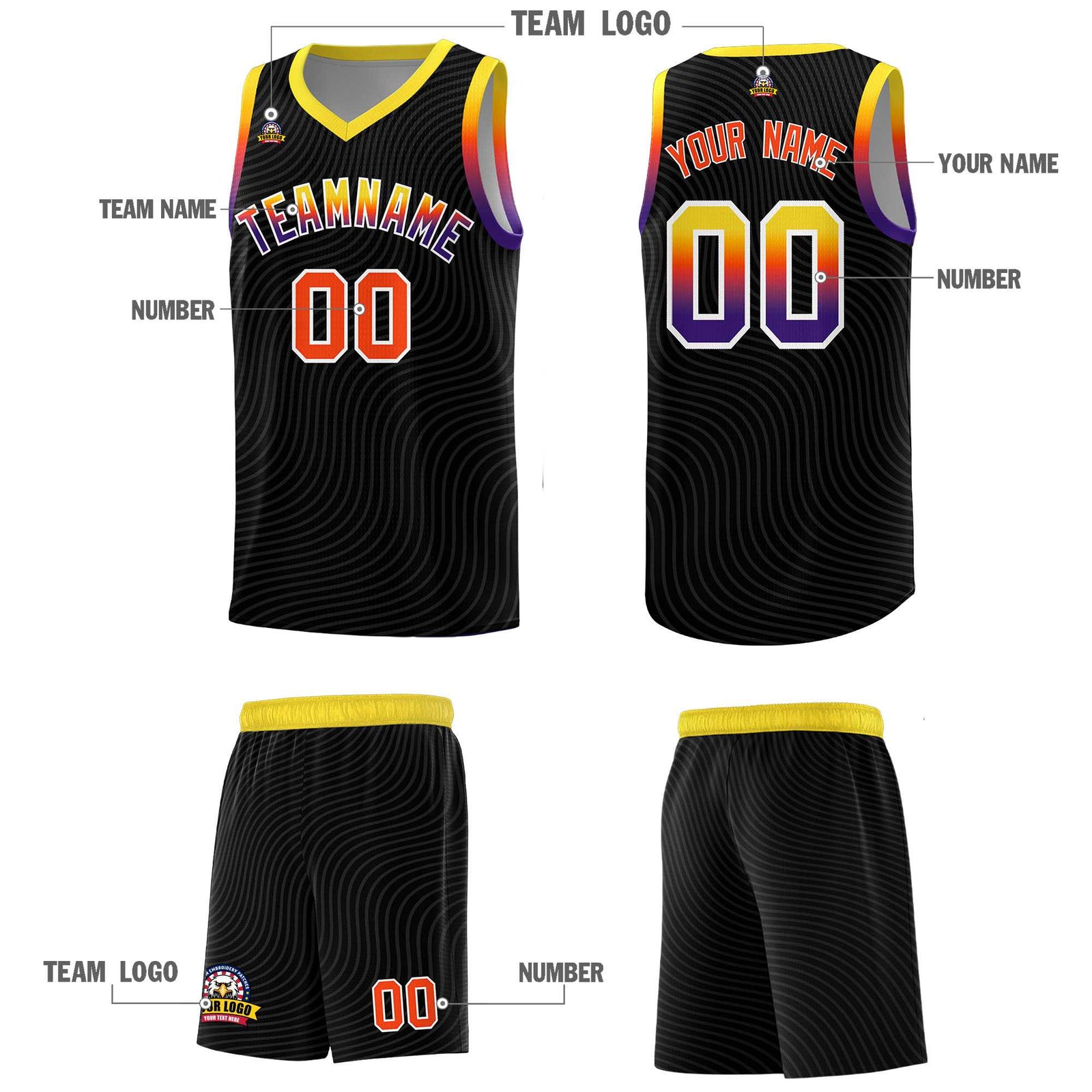 Custom Black Gold Wave Pattern Sports Uniform Basketball Jersey