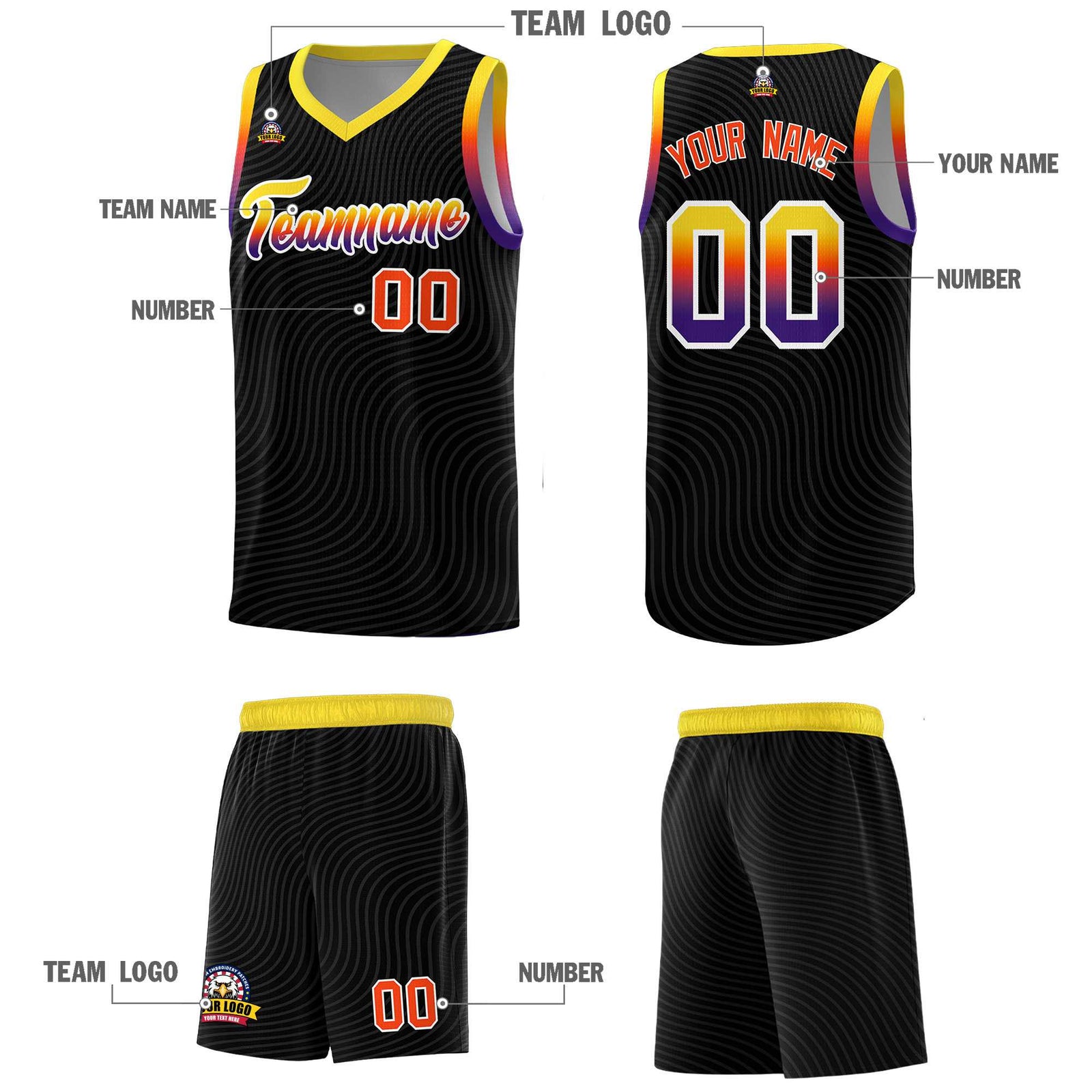 Custom Black Gold Wave Pattern Sports Uniform Basketball Jersey