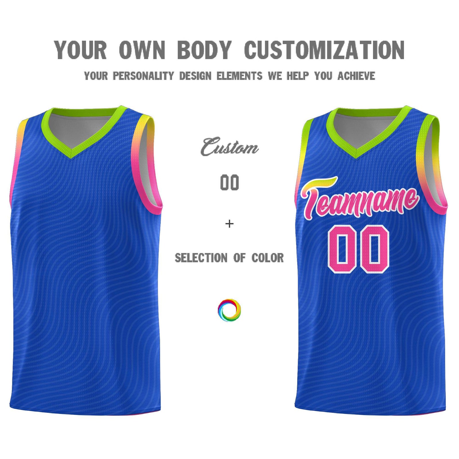 Custom Royal Blue Neon Green Wave Pattern Sports Uniform Basketball Jersey