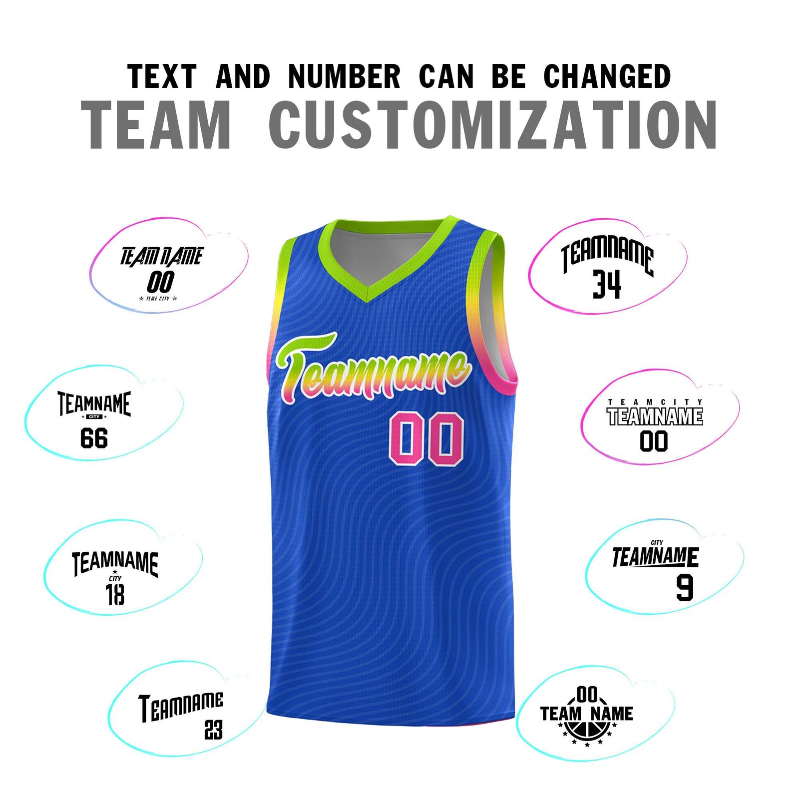 Custom Royal Blue Neon Green Wave Pattern Sports Uniform Basketball Jersey