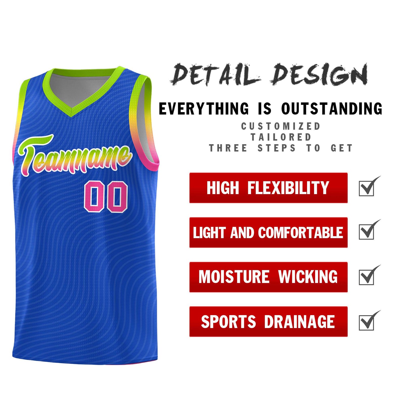 Custom Royal Blue Neon Green Wave Pattern Sports Uniform Basketball Jersey